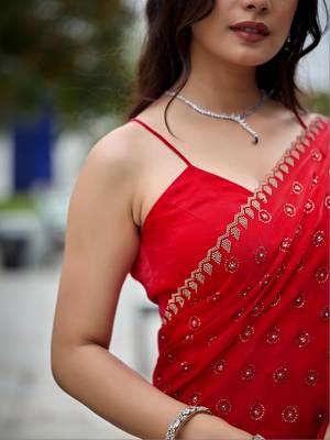 Red embellished beads and stones silk blend saree 5