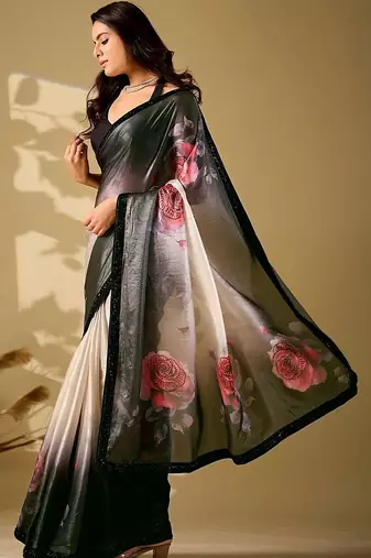 Multicolor floral embroidered organza saree