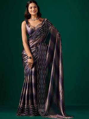 Purple beads and stones satin saree 1