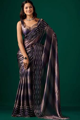 Purple beads and stones satin saree