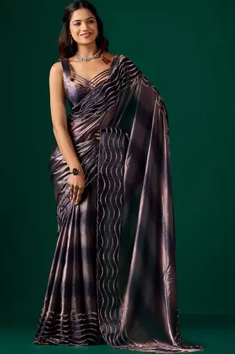 Purple beads and stones satin saree