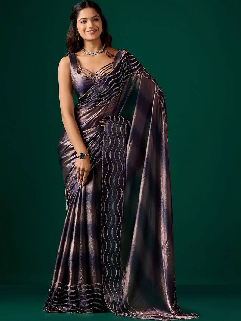 Purple beads and stones satin saree