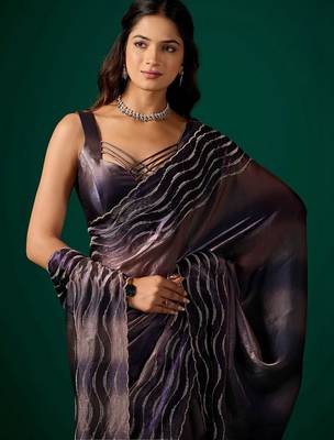 Purple beads and stones satin saree 2