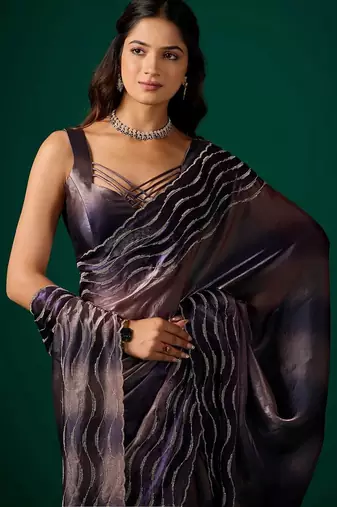 Purple beads and stones satin saree