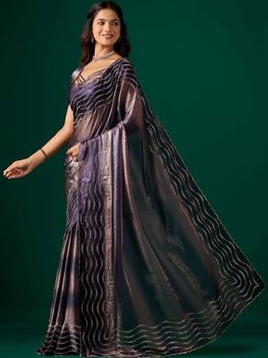 Purple beads and stones satin saree 3