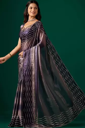 Purple beads and stones satin saree