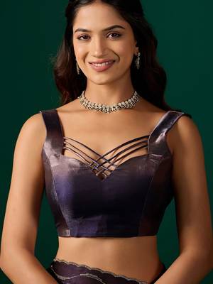 Purple beads and stones satin saree 4