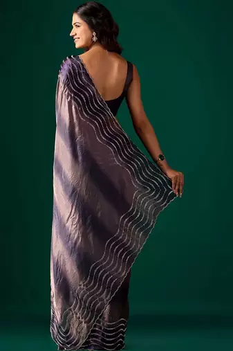 Purple beads and stones satin saree