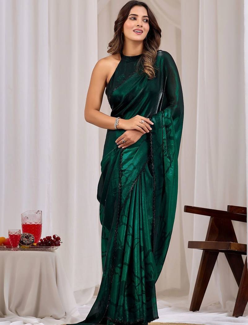 Green floral beads and stones organza saree
