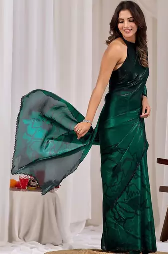 Green floral beads and stones organza saree