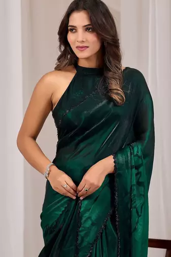 Green floral beads and stones organza saree