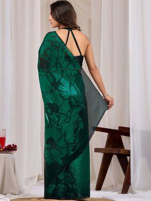 Green floral beads and stones organza saree 4