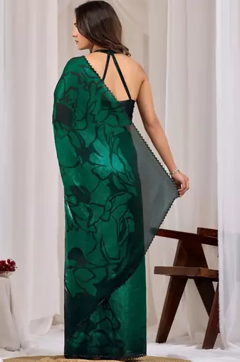 Green floral beads and stones organza saree