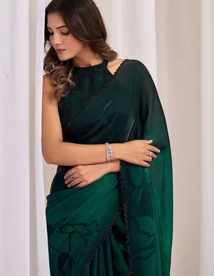 Green floral beads and stones organza saree 5