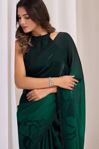 Green floral beads and stones organza saree