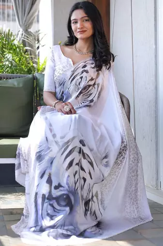 White sequinned silk cotton designer saree