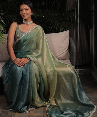 Sea green sequinned art silk saree 1