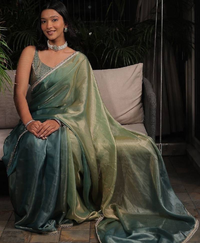 Sea green sequinned art silk saree