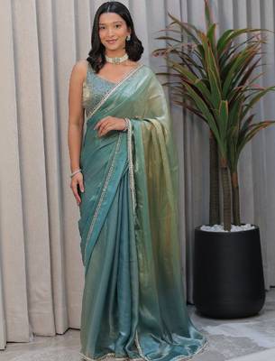 Sea green sequinned art silk saree 2