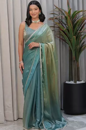Sea green sequinned art silk saree
