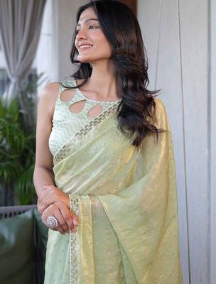 Lime sequinned silk cotton saree 1