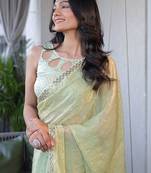 Lime sequinned silk cotton saree