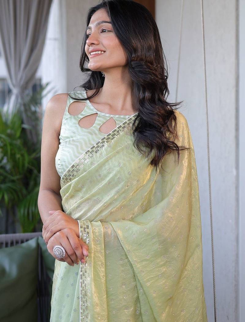 Lime sequinned silk cotton saree