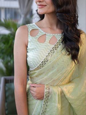 Lime sequinned silk cotton saree 2