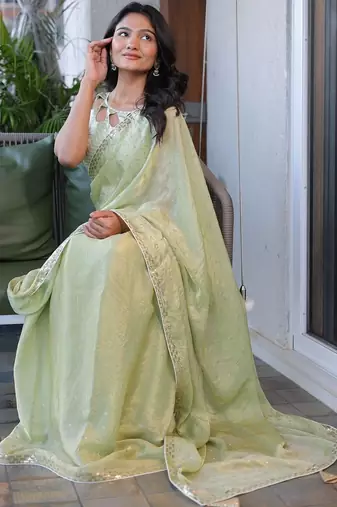Lime sequinned silk cotton saree
