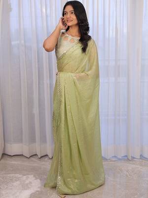 Lime sequinned silk cotton saree 4