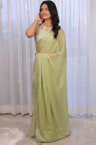 Lime sequinned silk cotton saree