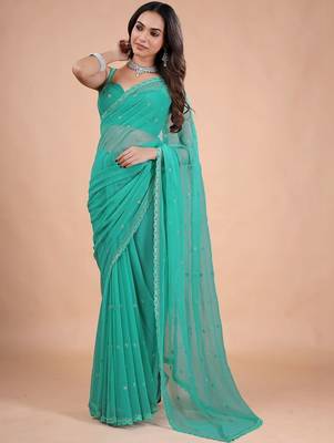 Sea green embellished sequinned  chiffon heavy work saree 1