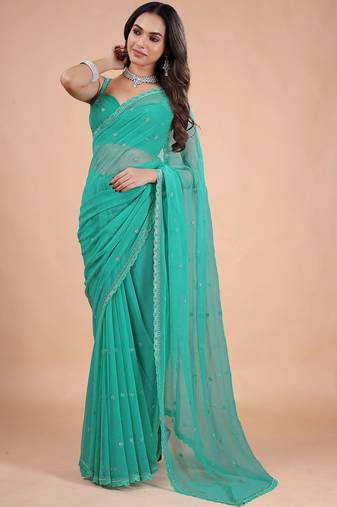 Sea green embellished sequinned  chiffon heavy work saree