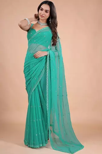 Sea green embellished sequinned  chiffon heavy work saree