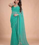Sea green embellished sequinned  chiffon heavy work saree