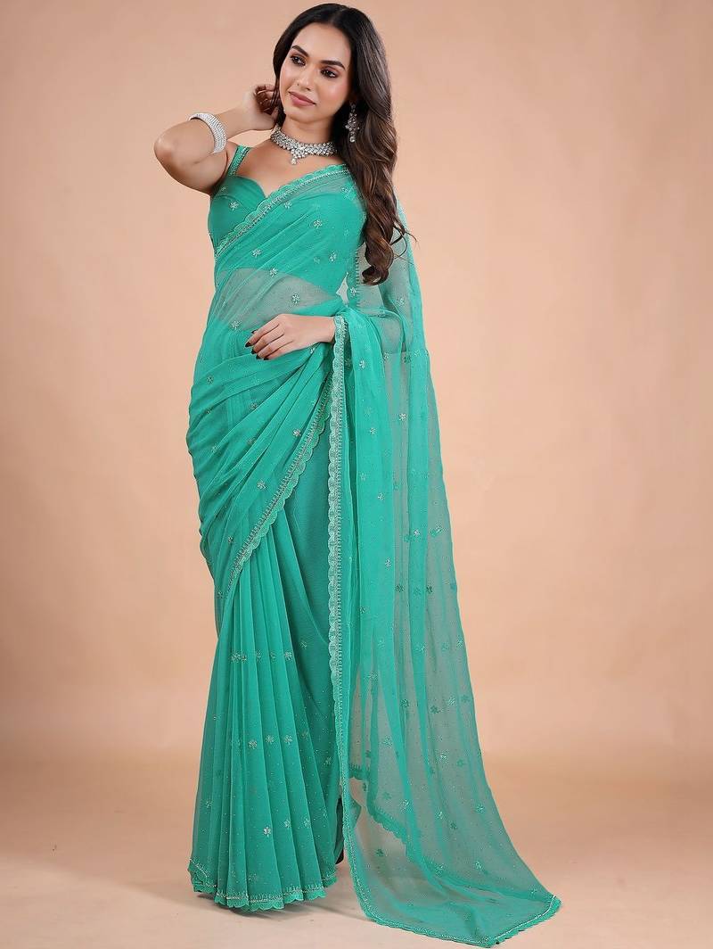 Sea green embellished sequinned  chiffon heavy work saree