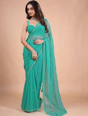 Sea green embellished sequinned  chiffon heavy work saree 2