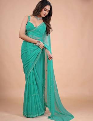 Sea green embellished sequinned  chiffon heavy work saree 3