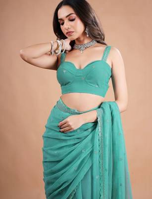 Sea green embellished sequinned  chiffon heavy work saree 4