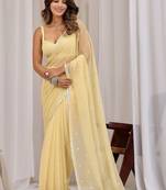 Yellow ethnic motifs embroidered  chiffon saree