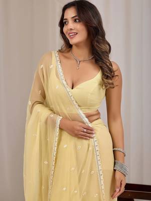 Yellow ethnic motifs embroidered  chiffon saree 2