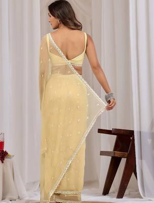 Yellow ethnic motifs embroidered  chiffon saree 4