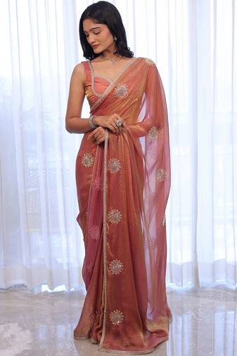 Rose embellished zari silk cotton heavy work saree