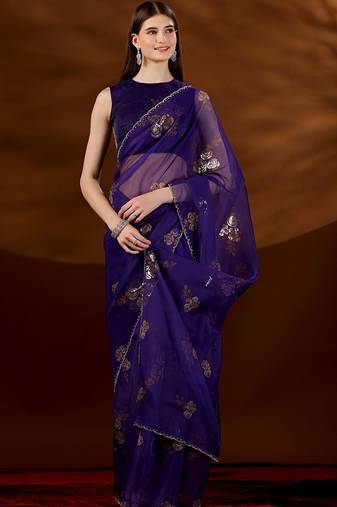 Purple floral zari tissue saree