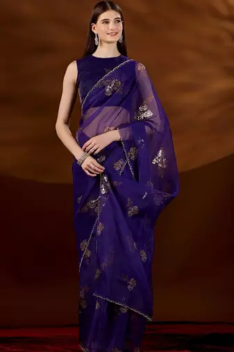 Purple floral zari tissue saree
