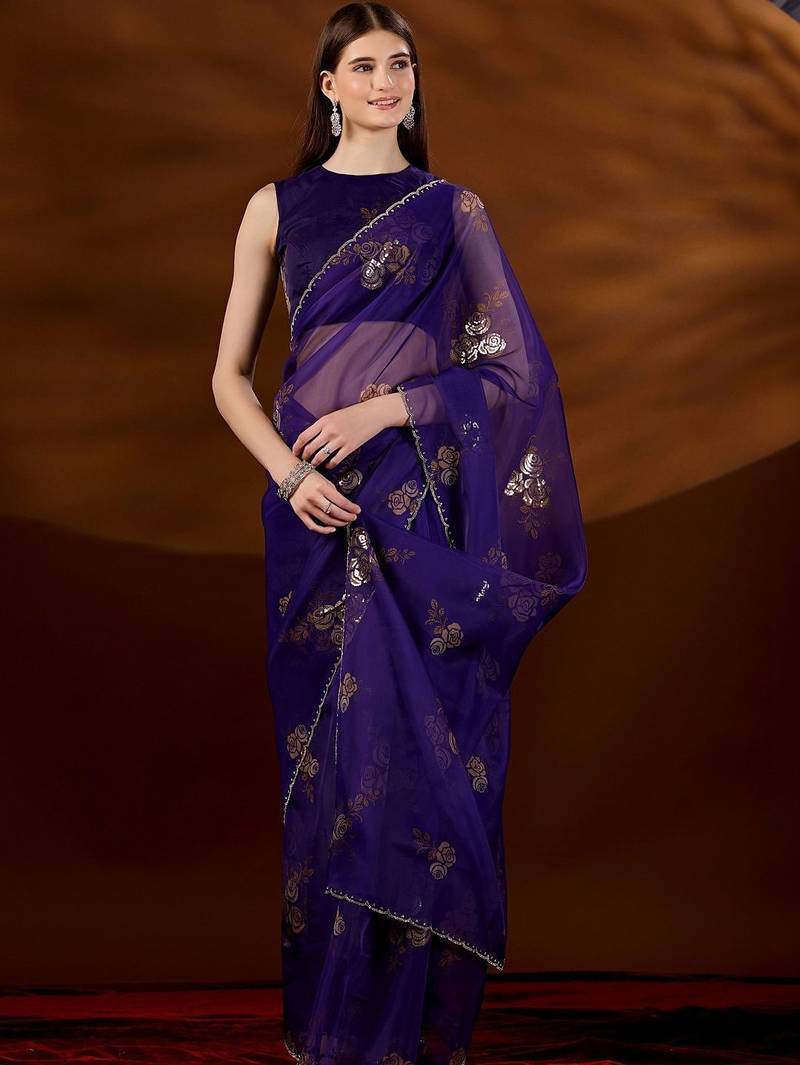 Purple floral zari tissue saree
