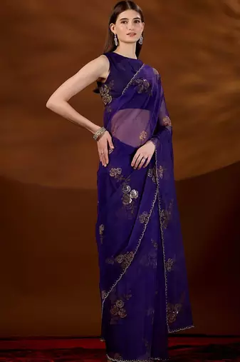 Purple floral zari tissue saree