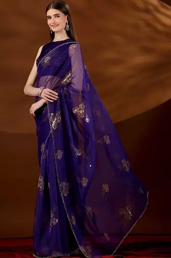 Purple floral zari tissue saree