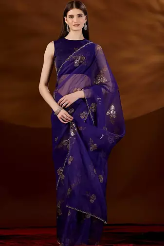 Purple floral zari tissue saree