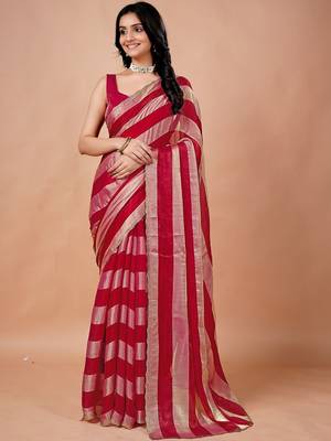 Red women ethnic motifs woven design saree 1